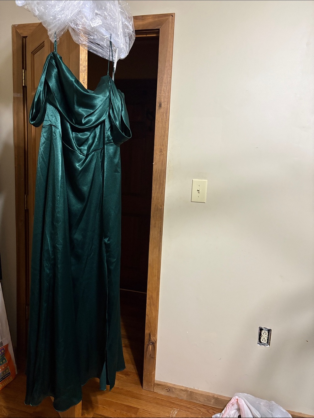 David's Bridal Emerald Green Satin Off-Shoulder Wedding Guest Dress